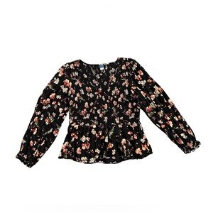 Black Floral Smocked V-Neck Romantic Long Sleeve Peplum Blouse Old Navy Size L